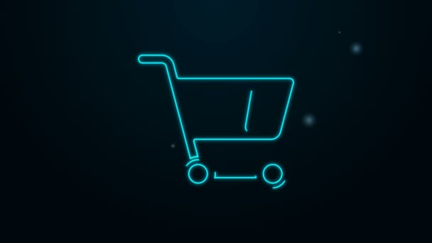 Zářící neonová čára Ikona nákupního košíku izolovaná na černém pozadí. Online nákupní koncept. Podpis doručovací služby. Symbol supermarketu. Grafická animace pohybu videa 4K — Stock video