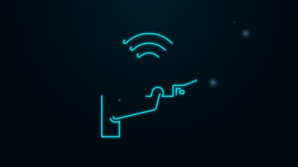 Glowing neon line Smart security camera icon isolated on black background. Internet of things concept with wireless connection. 4K Video motion graphic animation — Stock Video