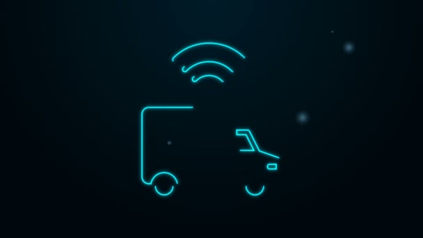 Glowing neon line Smart pengiriman kendaraan kargo dengan ikon koneksi nirkabel terisolasi di latar belakang hitam. Animasi grafis gerak Video 4K — Stok Video