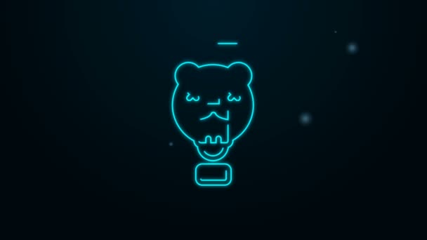 Glowing neon line Bear head on shield icon isolated on black background. Hunting trophy on wall. 4K Video motion graphic animation