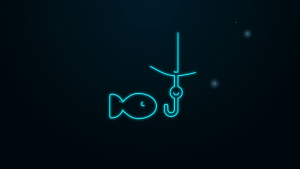 네온 선 낚시 바늘을 물 속에서 검은색 배경에 고립 된 물고기 아이콘과 함께 사용하고 있다. 낚시 도구. 4K 비디오 모션 그래픽 애니메이션 — 비디오
