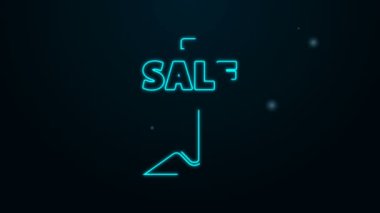 Siyah arkaplanda izole edilmiş metin satışı simgesiyle parlayan neon hattı asılı. Mesaj indirimli tabela. 4K Video hareketli grafik canlandırması