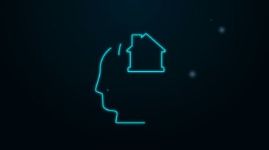 Parlayan neon çizgili adam siyah arka planda izole edilmiş yeni bir ev ikonu almayı hayal ediyor. 4K Video hareketli grafik canlandırması