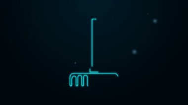 Parlayan neon çizgisi tırmık simgesi siyah arkaplanda izole edildi. Bahçecilik, tarım, çiftçilik aleti. Toprak işçisi. 4K Video hareketli grafik canlandırması