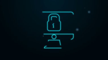 Parlayan neon hattı Kilidi siyah arkaplanda izole edilmiş bilgisayar monitör simgesi üzerinde. Güvenlik, güvenlik, koruma kavramı. Güvenli bir ağ. 4K Video hareketli grafik canlandırması