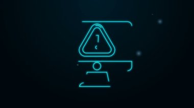 Siyah zemin üzerinde ünlem işareti simgesi olan parlak neon hattı bilgisayar monitörü. Uyarı mesajı akıllı telefon uyarısı. 4K Video hareketli grafik canlandırması