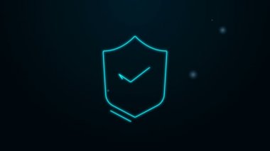 Siyah arkaplanda işaret simgesi olan parlayan neon hattı kalkanı. Güvenlik, güvenlik, koruma, gizlilik kavramı. Kene izi onaylandı. 4K Video hareketli grafik canlandırması