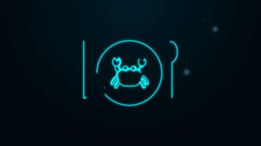Parlayan neon hattı siyah arkaplanda izole edilmiş bir tabak ikonu üzerinde yengeç servis etti. 4K Video hareketli grafik canlandırması