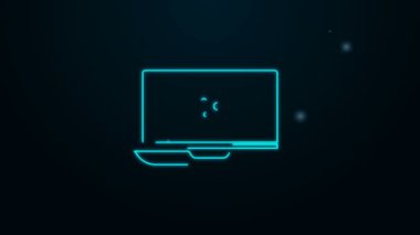 Siyah arkaplanda izole edilmiş dizüstü bilgisayar ikonu üzerindeki parlak neon hattı virüs istatistikleri. Corona virüsü 2019-nCoV. Bakteri ve mikroplar, hücre kanseri, mikrop, mantar. 4K Video hareketli grafik canlandırması