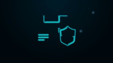 Parlayan neon hattı. Siyah zemin üzerinde kalkan simgesi olan teslimat güvenliği. Teslimat sigortası. Kalkanın ötesinde sigorta kutuları var. 4K Video hareketli grafik canlandırması