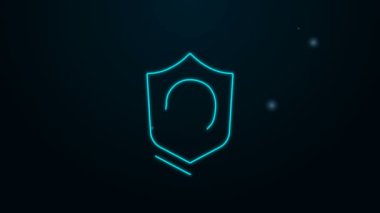 Siyah arka planda izole edilmiş kalkan ikonu ile parlayan neon hattı hayat sigortası. Güvenlik, güvenlik, koruma, konsept koruma. 4K Video hareketli grafik canlandırması