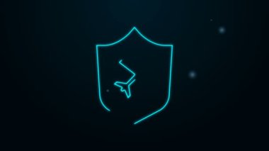 Siyah zemin üzerinde kalkan simgesi olan parlak neon hat düzlemi. Uçan uçak. Uçak sigortası. Güvenlik, güvenlik, koruma, konsept koruma. 4K Video hareketli grafik canlandırması