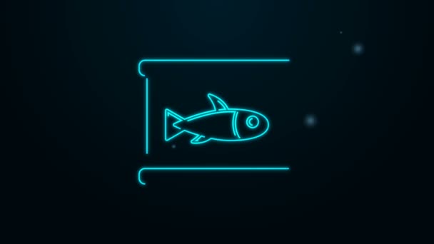 Linha de néon brilhante Ícone de peixe enlatado isolado no fundo preto. Animação gráfica em movimento de vídeo 4K — Vídeo de Stock