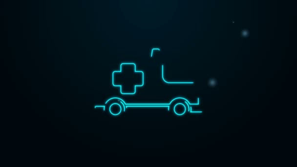 Zářící neonová linka Ikona sanitky a nouzového vozu izolované na černém pozadí. Lékařská evakuace sanitního vozidla. Grafická animace pohybu videa 4K — Stock video