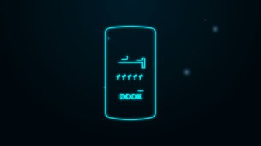 Parlayan neon hattı online otel rezervasyon ikonu siyah arkaplanda izole edildi. Cep telefonu için online rezervasyon tasarımı konsepti. 4K Video hareketli grafik canlandırması