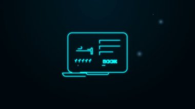 Parlayan neon hattı online otel rezervasyon ikonu siyah arkaplanda izole edildi. Dizüstü bilgisayar için online dizayn konsepti. 4K Video hareketli grafik canlandırması