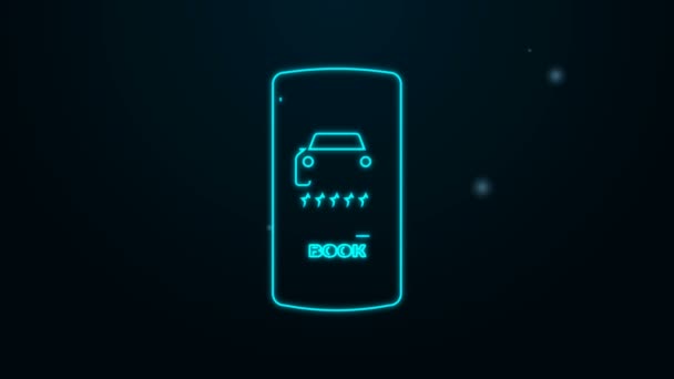 Linia luminoasă de neon Online car sharing icon izolat pe fundal negru. Servicii de închiriere auto online. Conceptul de design de rezervare online pentru telefonul mobil. 4K Animație grafică în mișcare video — Videoclip de stoc