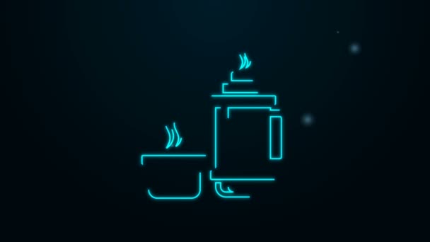 Icono de contenedor Thermos de línea de neón brillante aislado sobre fondo negro. Icono de termo frasco. Equipo de camping y senderismo. Animación gráfica de vídeo 4K — Vídeo de stock