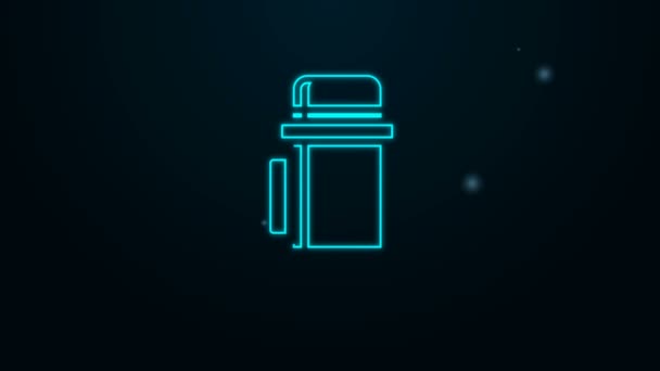 Zářící neonová čára Thermos kontejner ikona izolované na černém pozadí. Ikona termo baňky. Táborové a turistické vybavení. Grafická animace pohybu videa 4K — Stock video
