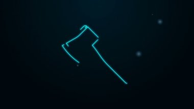 Parlayan neon hattı tahta balta ikonu siyah arkaplanda izole edildi. Oduncu baltası. 4K Video hareketli grafik canlandırması