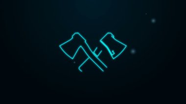 Parlayan neon çizgisi siyah arkaplanda izole edilmiş ahşap balta simgesini geçti. Oduncu baltası. 4K Video hareketli grafik canlandırması