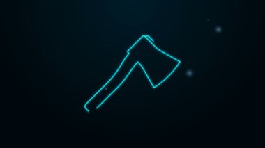 Parlayan neon hattı tahta balta ikonu siyah arkaplanda izole edildi. Oduncu baltası. 4K Video hareketli grafik canlandırması