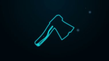 Parlayan neon hattı. Siyah arka planda izole edilmiş eski ahşap balta simgesi. Oduncu baltası. 4K Video hareketli grafik canlandırması