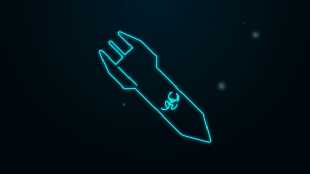 Świecąca neonowa ikona rakiety Biohazard odizolowana na czarnym tle. Bomba rakietowa spada. 4K Animacja graficzna ruchu wideo — Wideo stockowe