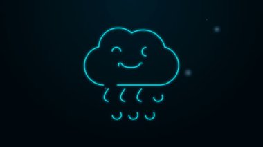 Siyah zemin üzerinde yağmur ikonu olan parlak neon çizgisi. Yağmur damlaları ile yağmur bulutu yağışı. 4K Video hareketli grafik canlandırması