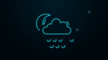 Parlayan neon çizgisi bulutu, yağmur ve ay ikonu, siyah arka planda izole edilmiş. Yağmur damlaları ile yağmur bulutu yağışı. 4K Video hareketli grafik canlandırması