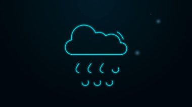 Siyah zemin üzerinde yağmur ikonu olan parlak neon çizgisi. Yağmur damlaları ile yağmur bulutu yağışı. 4K Video hareketli grafik canlandırması