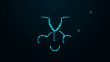 Parlayan neon hattı kahve çekirdeği, siyah arka planda yaprak ve dut ikonu olan bir dal. Yapraklı bitki, dut, meyve, tohum. 4K Video hareketli grafik canlandırması