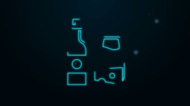 Siyah zemin üzerinde cam ve peynir ikonu olan parlak neon çizgili şarap şişesi. Romantik bir akşam yemeği. 4K Video hareketli grafik canlandırması