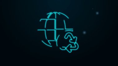 Parlayan neon hattı Planet Earth ve siyah arkaplanda izole edilmiş bir geri dönüşüm ikonu. Çevresel konsept. 4K Video hareketli grafik canlandırması