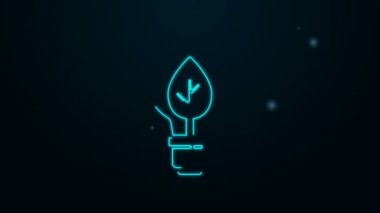 Siyah zemin üzerinde yaprak simgesi olan parlak neon çizgisi ampul. Çevre enerjisi kavramı. Alternatif enerji kavramı. 4K Video hareketli grafik canlandırması