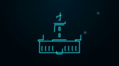 Parlayan neon hattı Montjuic kalesi simgesi siyah arka planda izole edildi. Barselona, İspanya. 4K Video hareketli grafik canlandırması