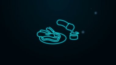Parlayan neon hattı Churros ve çikolata ikonu siyah arka planda izole edilmiş. Geleneksel İspanya tatlısı, Avrupa sokak yemekleri. 4K Video hareketli grafik canlandırması