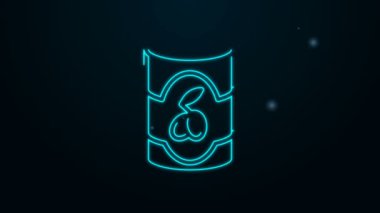 Parlayan neon hattı, siyah arkaplanda izole edilmiş zeytin kutusu simgesi. Konserve yiyecek kavramı. 4K Video hareketli grafik canlandırması
