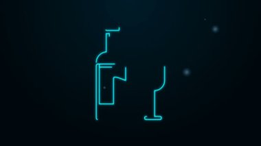 Siyah zemin üzerinde cam ikon bulunan parlak neon çizgili şarap şişesi. 4K Video hareketli grafik canlandırması