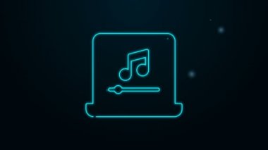 Parlak neon hattı dizüstü bilgisayarı ve siyah arkaplanda izole edilmiş ekran simgesi. 4K Video hareketli grafik canlandırması