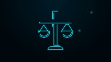 Parlayan neon çizgisi adalet simgesi siyah arka planda izole edildi. Hukuk mahkemesi sembolü. Denge tabelaları. 4K Video hareketli grafik canlandırması
