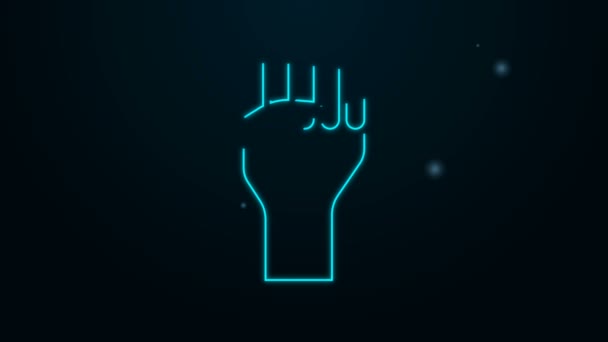 Ragyogó neon vonal Emelt kéz összeszorított ököl ikon elszigetelt fekete háttér. A tüntető felemelte az öklét egy politikai tüntetésen. Felhatalmazás. 4K Videó mozgás grafikus animáció — Stock videók