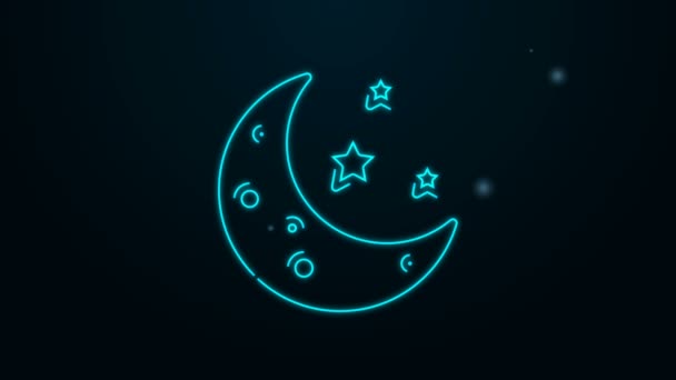 Brillante línea de neón Luna y estrellas icono aislado sobre fondo negro. Animación gráfica de vídeo 4K — Vídeo de stock