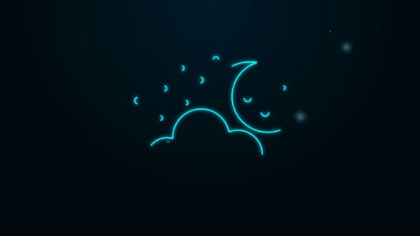 Świecąca neonowa linia Chmura z księżycem i ikoną gwiazd odizolowana na czarnym tle. Chmurny znak nocny. Symbol snów sennych. Znak czasu w nocy lub w łóżku. 4K Animacja graficzna ruchu wideo — Wideo stockowe