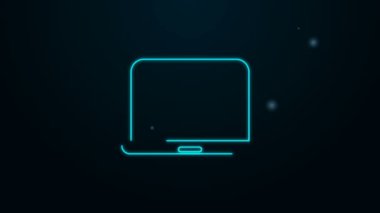 Parlayan neon hattı dizüstü bilgisayar simgesi siyah arkaplanda izole edildi. Boş ekran işaretli bilgisayar defteri. 4K Video hareketli grafik canlandırması