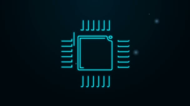 Glowing neon line Computer processor with microcircuits CPU icon isolated on black background. Chip or cpu with circuit board. Micro processor. 4K Video motion graphic animation — Stock Video