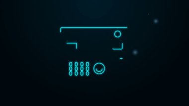 Parlayan neon hattı Multimedya ve TV kutusu alıcısı ve uzaktan kumanda simgesine sahip oyuncu siyah arkaplanda izole edildi. 4K Video hareketli grafik canlandırması