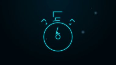 Parlayan neon hattı Stopwatch simgesi siyah arkaplanda izole edildi. Zaman göstergesi. Kronometre işareti. 4K Video hareketli grafik canlandırması