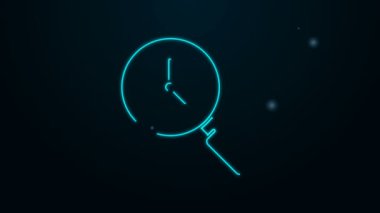 Siyah zemin üzerinde izole edilmiş saat simgesi olan parlak neon çizgi büyüteç. 4K Video hareketli grafik canlandırması