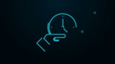 Parlayan neon çizgi saat simgesi siyah arkaplanda izole edildi. Zaman sembolü. 4K Video hareketli grafik canlandırması